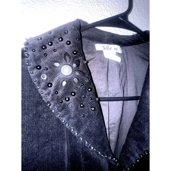 VTG Y2K West 36 Black Bolero Jacket Sz Large Sequin Beaded‎ Corduroy Crop Event - Picture 4 of 8